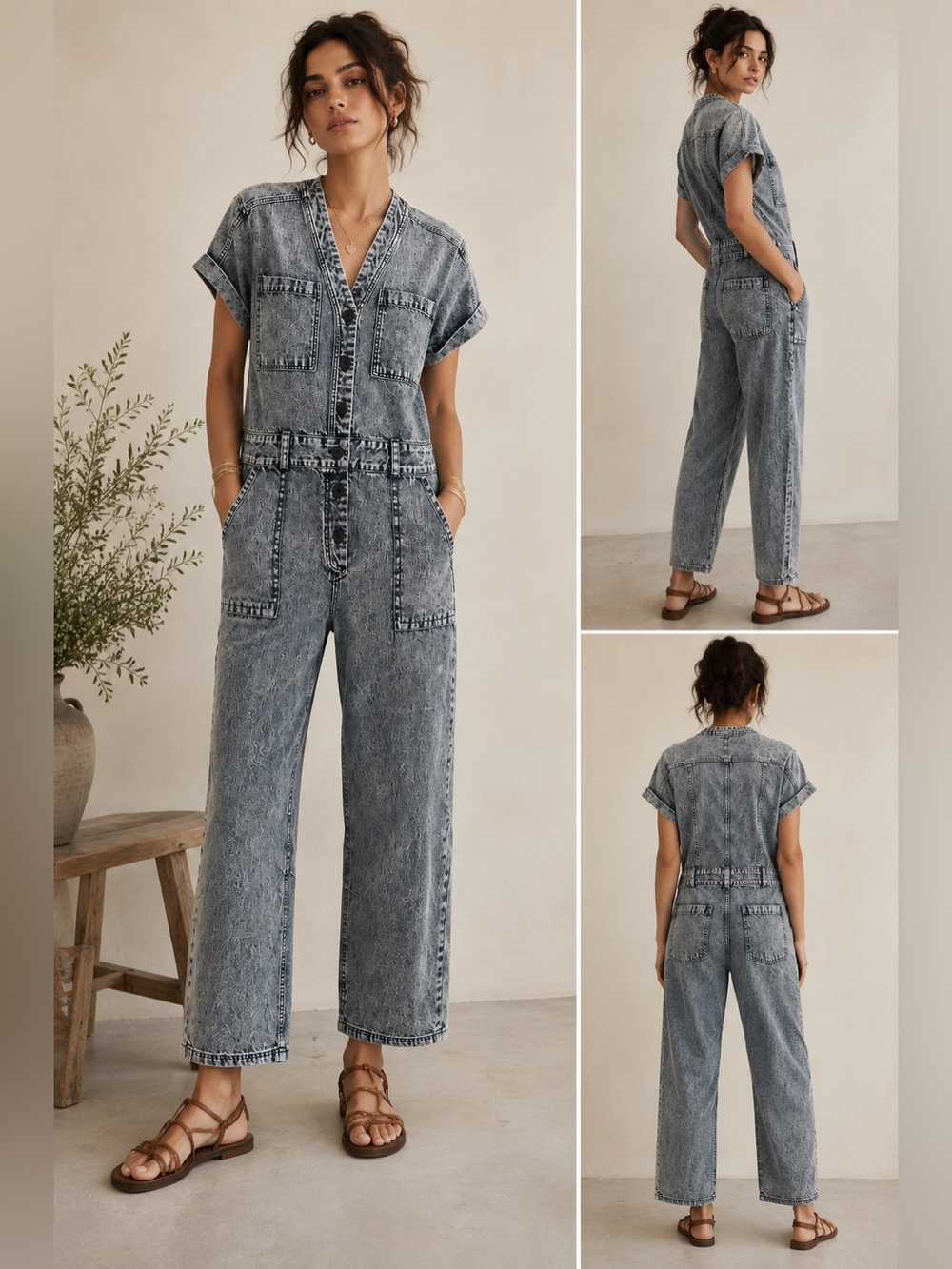 New! Sea New York Blue Gray Acid-Wash Wide Leg Denim Jumpsuit 💙 size 0